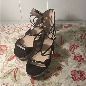 Giambattista Valli Black Suede Cream 4 Strap High Back Sparkle Platform Sandals